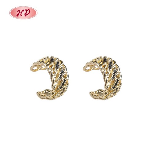18K Gold Plated Brass Clip On Earrings Black AAA CZ Feather Wing Non Pierced Wholesale for Women