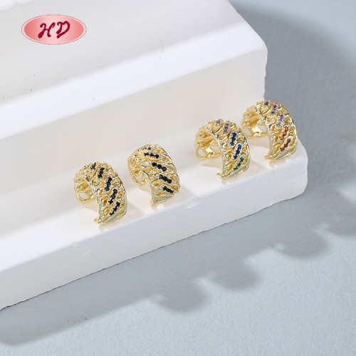 18K Gold Plated Brass Clip On Earrings Black AAA CZ Feather Wing Non Pierced Wholesale for Women