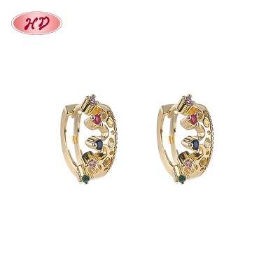 18K Gold Plated Brass Huggie Earrings for Ladies | Multicolor AAA CZ Crown Design | Jewelry Wholesale for Gifts