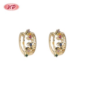 18K Gold Plated Brass Huggie Earrings Multicolor AAA CZ Crown Design Hinged Hoop Wholesale for Women
