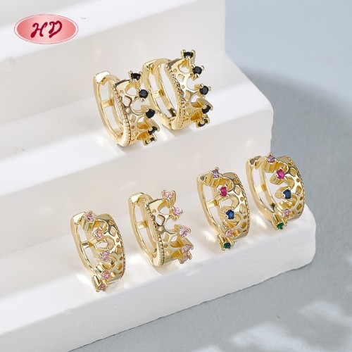 18K Gold Plated Brass Huggie Earrings Multicolor AAA CZ Crown Design Hinged Hoop Wholesale for Women