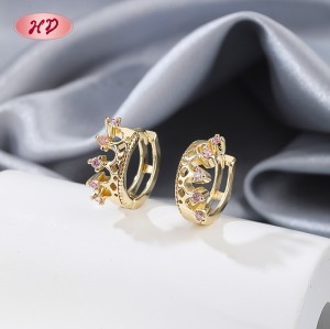 18K Gold Plated Brass Huggie Earrings Pink AAA CZ Crown Design Hinged Hoop Wholesale for Women