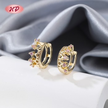 18K Gold Plated Copper Huggie Earrings | Pink AAA CZ Crown Design Hoops for Wedding | Wholesale Jewelry for Women