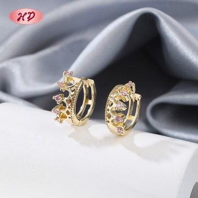 18K Gold Plated Copper Huggie Earrings | Pink AAA CZ Crown Design Hoops for Wedding | Wholesale Jewelry for Women