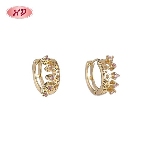 18K Gold Plated Brass Huggie Earrings Pink AAA CZ Crown Design Hinged Hoop Wholesale for Women