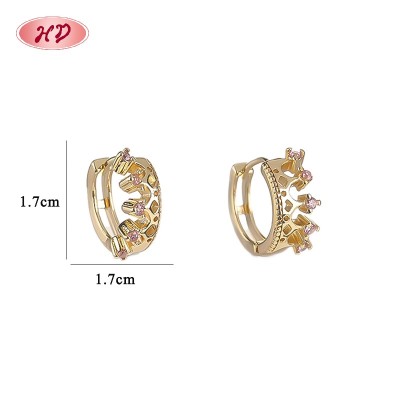 18K Gold Plated Brass Huggie Earrings Pink AAA CZ Crown Design Hinged Hoop Wholesale for Women
