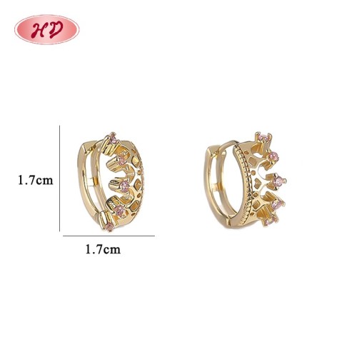 18K Gold Plated Brass Huggie Earrings Pink AAA CZ Crown Design Hinged Hoop Wholesale for Women