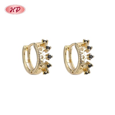 18K Gold Plated Brass Huggie Earrings Black AAA CZ Crown Design | Hoop Jewelry Wholesale for Women