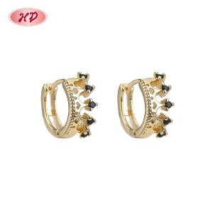 18K Gold Plated Brass Huggie Earrings Black AAA CZ Crown Design Hinged Hoop Wholesale for Women