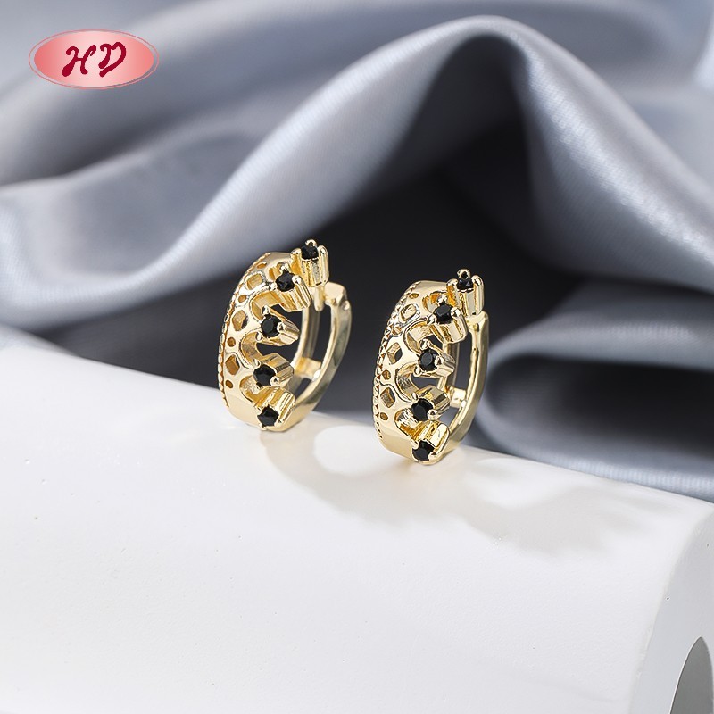 18K gold plated black CZ crown huggie earrings detail - HD Jewelry