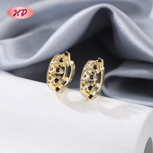 18K Gold Plated Brass Huggie Earrings Black AAA CZ Crown Design Hinged Hoop Wholesale for Women
