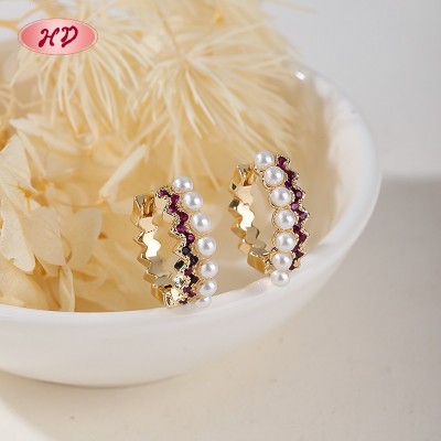 Pearl & Purple CZ Geometric Huggie Earrings | Wholesale 18K Gold Plated Birthstone Hoops