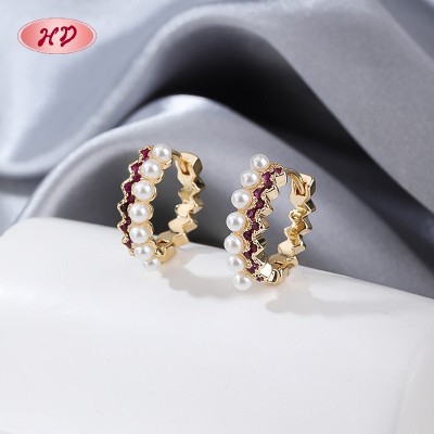 Pearl & Purple CZ Geometric Huggie Earrings | Wholesale 18K Gold Plated Birthstone Hoops