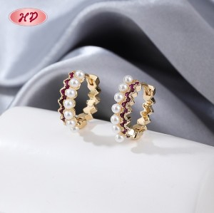 Pearl & Purple CZ Geometric Huggie Earrings | Wholesale 18K Gold Plated Birthstone Hoops