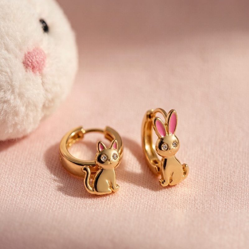 Gold animal huggie earrings closeup