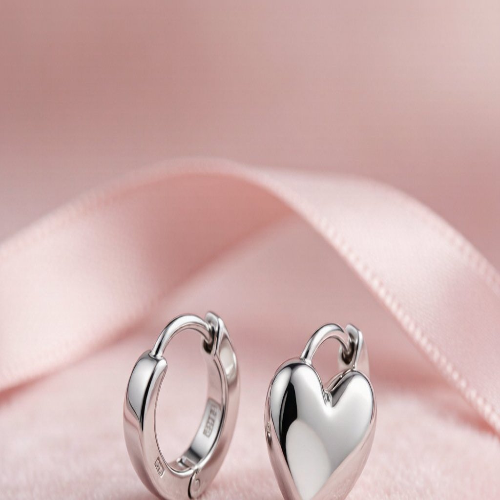 Silver heart huggie earrings closeup