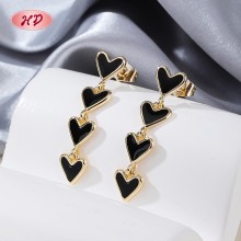 18K Gold Plated Black Enamel 4-Tier Heart Drop Dangle Earrings Manufacturer Direct