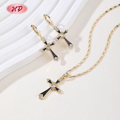 Juego de Joyería de Cruz Vintage, Esmalte Multicolor y Circonitas, Latón Bañado en Oro de 18K, Suministro de Fábrica