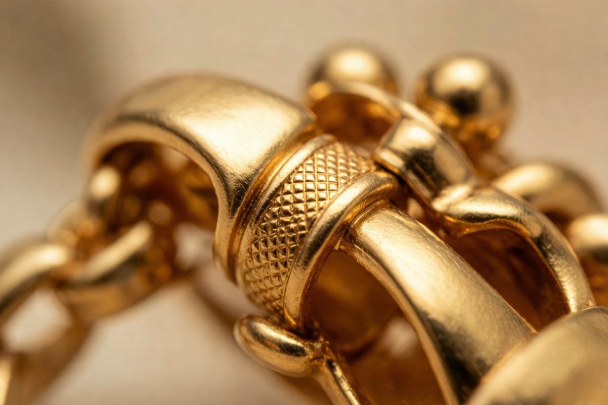 Close-up macro texture of gold plated brass jewelry surface