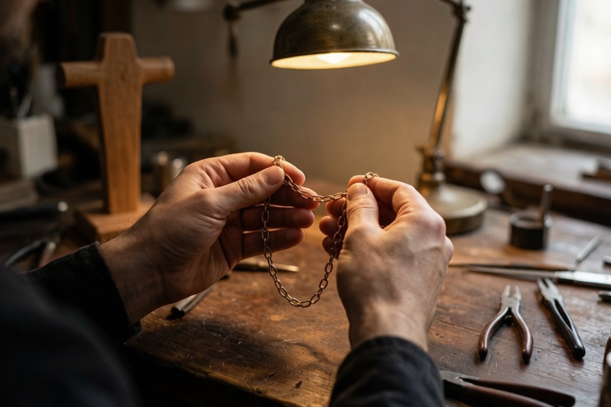 Jewelry artisan inspecting gold plated brass chain under workshop light