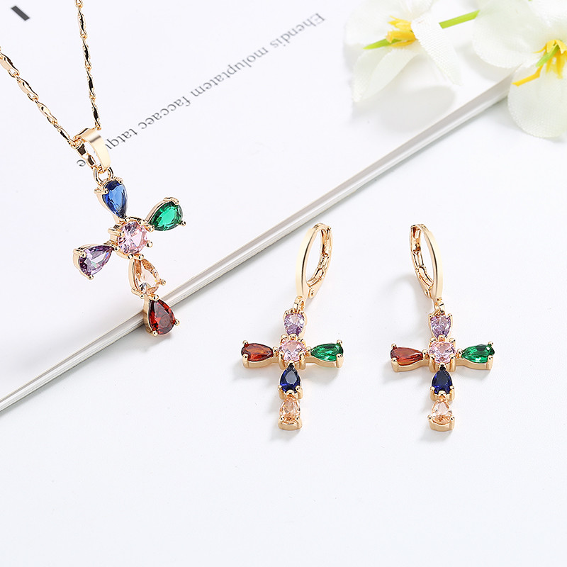 Vintage Cross Jewelry Set Multicolor Enamel CZ 18K