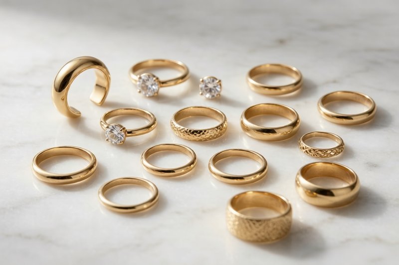 Gold plated rings collection on marble surface