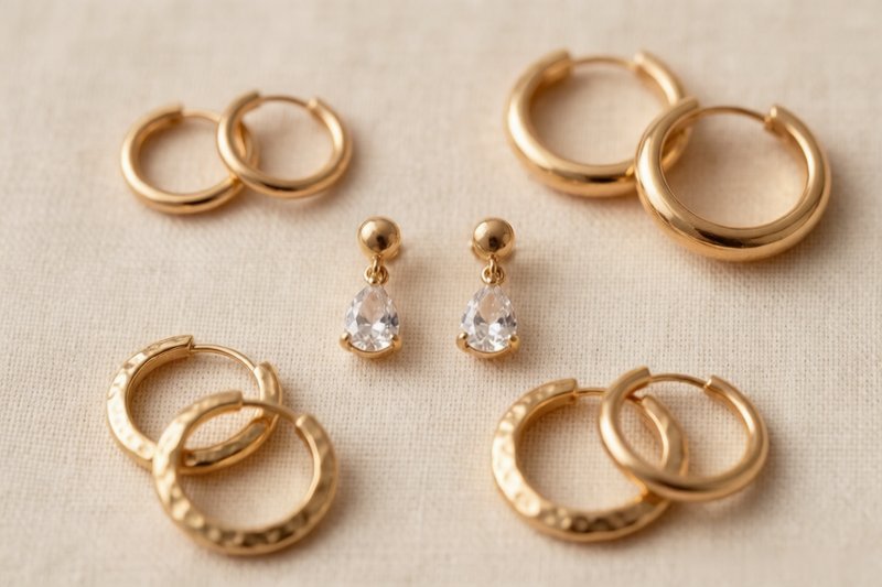 Gold plated hoop earrings and stud earrings on linen background