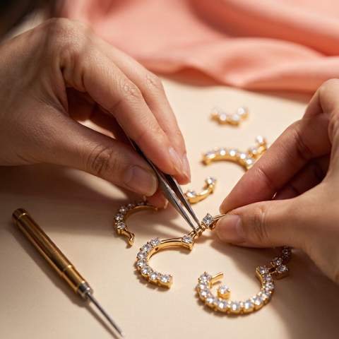 Craftsman setting AAA cubic zirconia into 18K gold plated earrings at Hengdian workshop