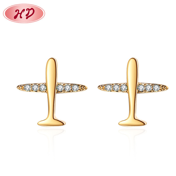 Brass Custom Air Plane Tiny Zirconia Stud Earrings