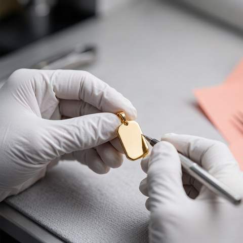 Jeweler engraving a blank gold plated tag