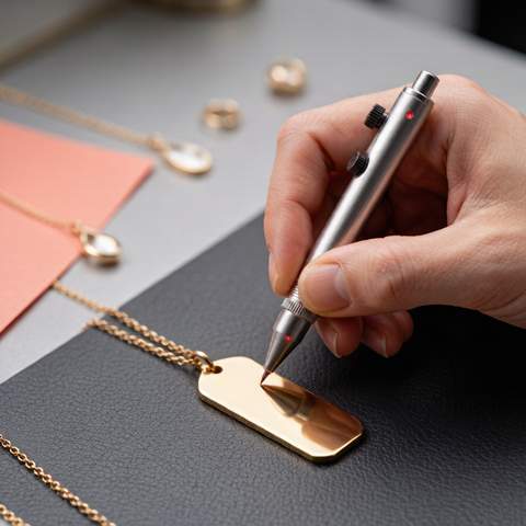 Joyero grabando por láser una etiqueta de oro chapado en blanco