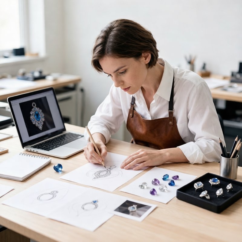 Jewelry designer sketching at a creative workstation