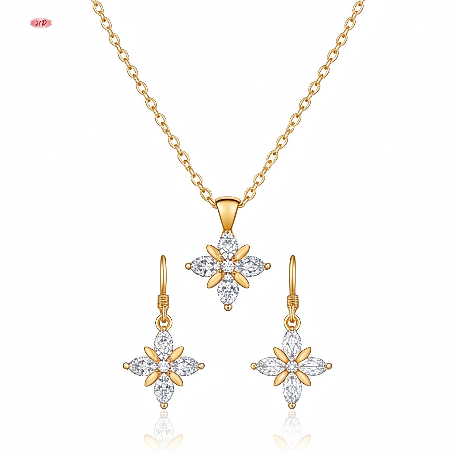 Gold tone brass necklace detail showing AAA cubic zirconia stone setting