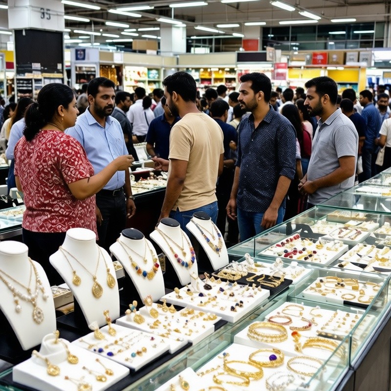 Busy wholesale jewelry trading hall with display counters