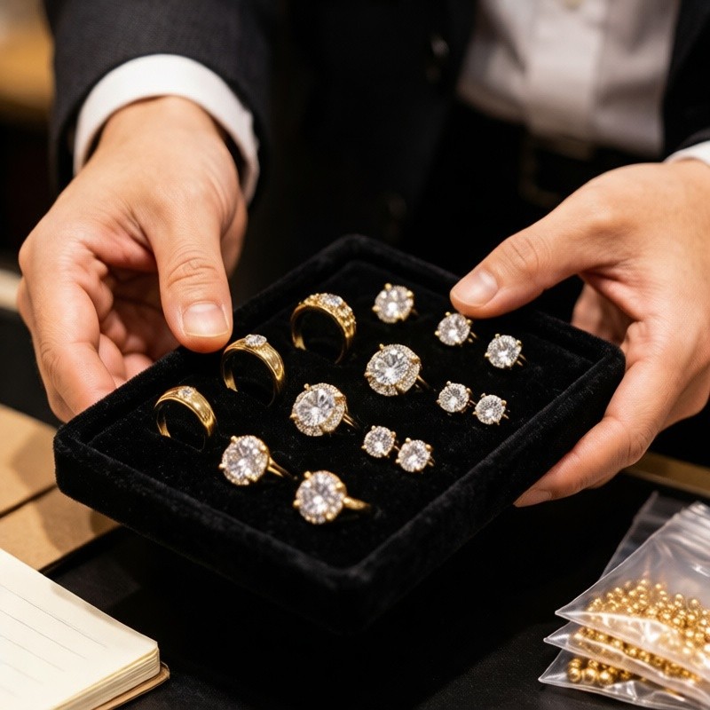 International buyer inspecting gold plated CZ jewelry samples