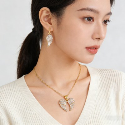 Angel Wing Heart Set | Private Label OEM Supplier, Gold Plated Brass CZ Jewelry