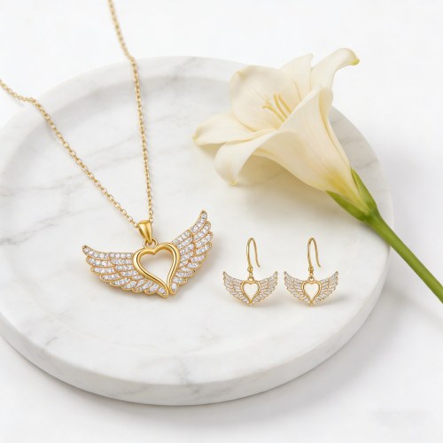 Winged Heart Jewelry Set | Export Manufacturer, 18K Gold Plated Brass with AAA CZ