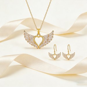 Winged Heart Jewelry Set | Export Manufacturer, 18K Gold Plated Brass with AAA CZ
