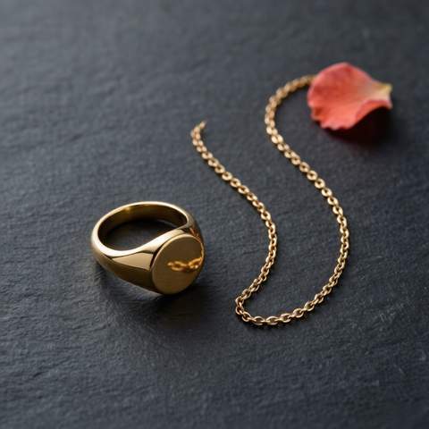 Close-up of 18K gold plated ring and chain