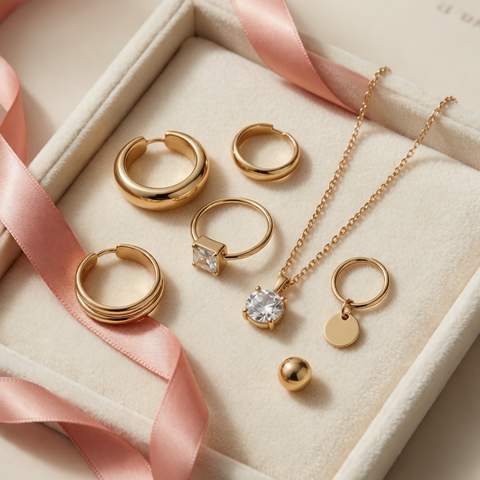 Coordinated 18K gold plated jewelry set with rings necklace and hoops in a coral ribbon box