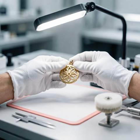 QC inspection of a polished 18K gold plated pendant on a coral work mat under a desk lamp