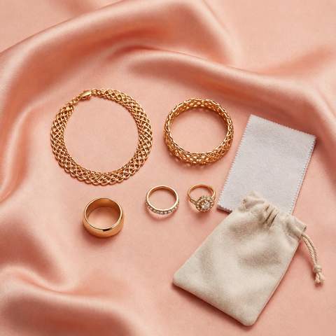 Flat lay of 18K gold plated jewelry on coral satin with a polishing cloth