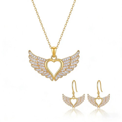 Juego de joyas corazón alado | Fabricante exportador, latón bañado en oro 18k con zirconia AAA