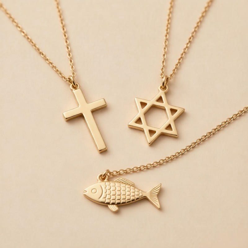 Faith-based jewelry: cross pendants, Star of David, ichthys charm