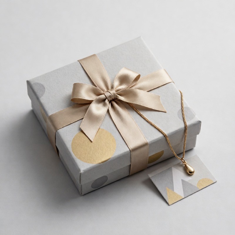 Jewelry gift box with festive ribbon and holiday card