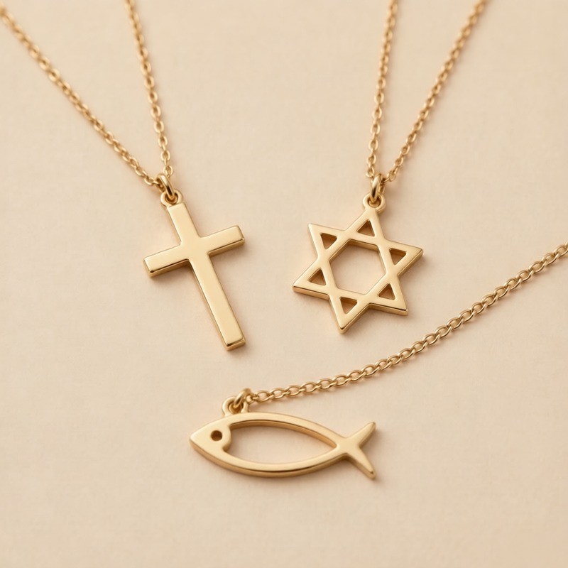 Faith-based jewelry: cross pendants, Star of David, ichthys charm