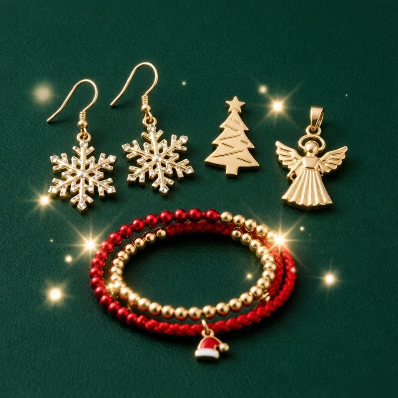 Christmas jewelry collection: snowflakes, tree charm, angel, red and gold beads
