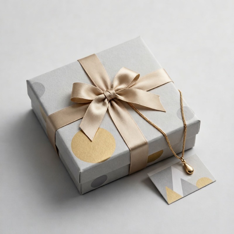 Jewelry gift box with festive ribbon and holiday card