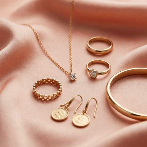 Elegant gold plated jewelry flat lay