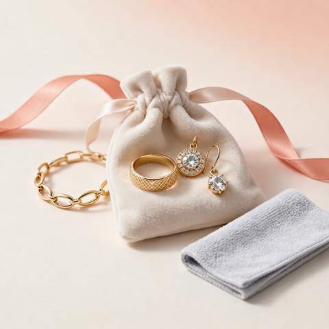 Gold plated jewelry stored in pouch with cleaning cloth